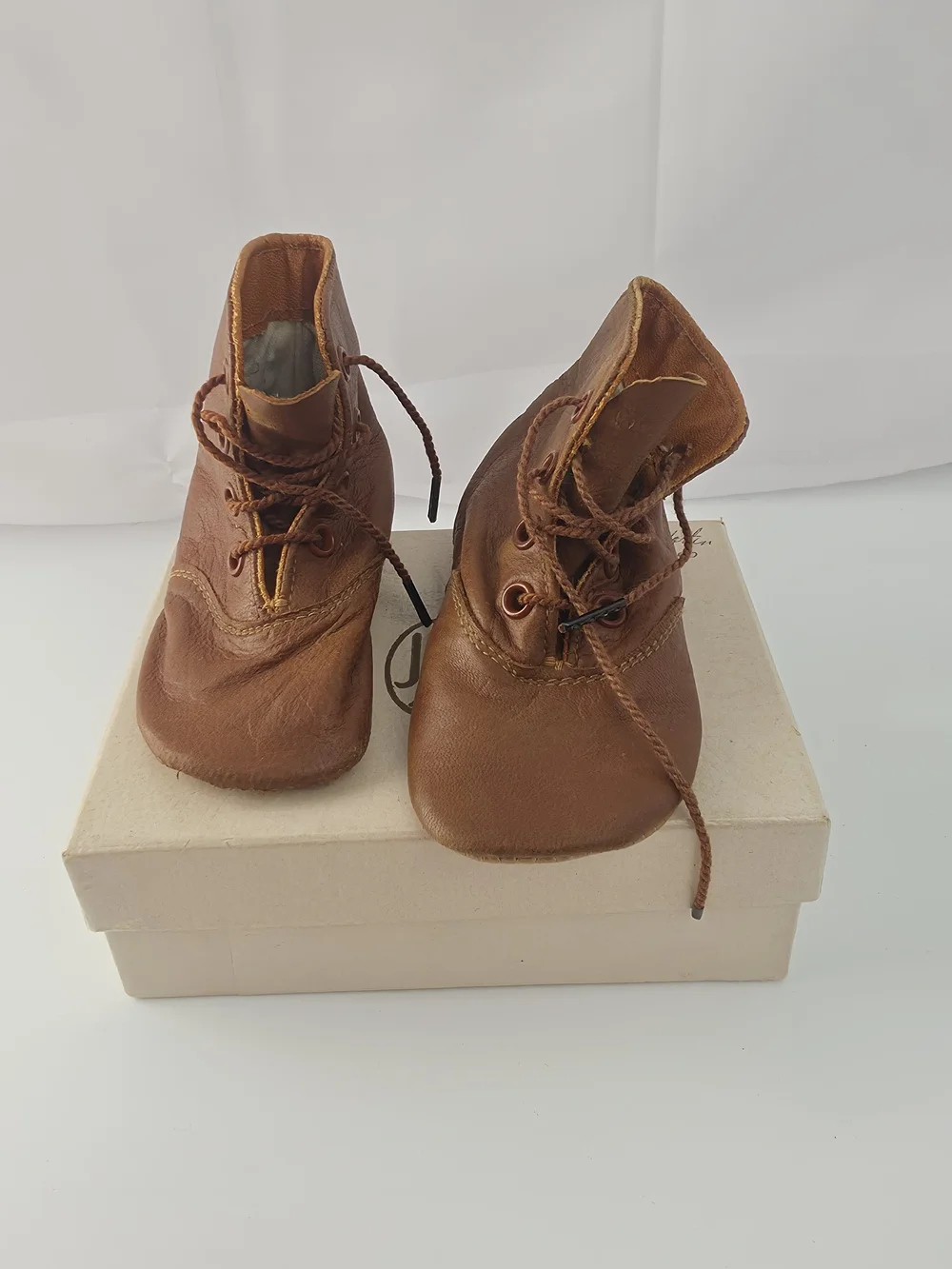 Vintage Soft Brown Leather Lace Up Baby Booties Shoes